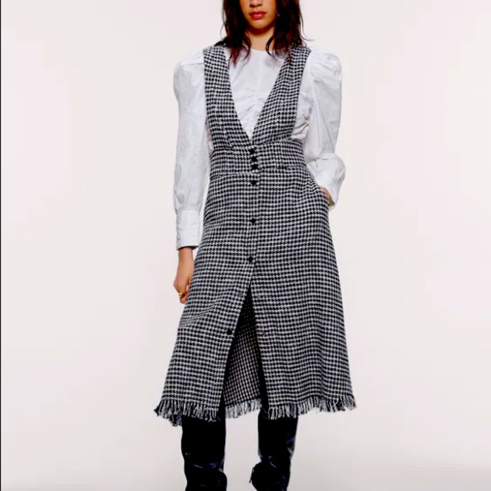 Zara Black and White Houndstooth Midi Dress